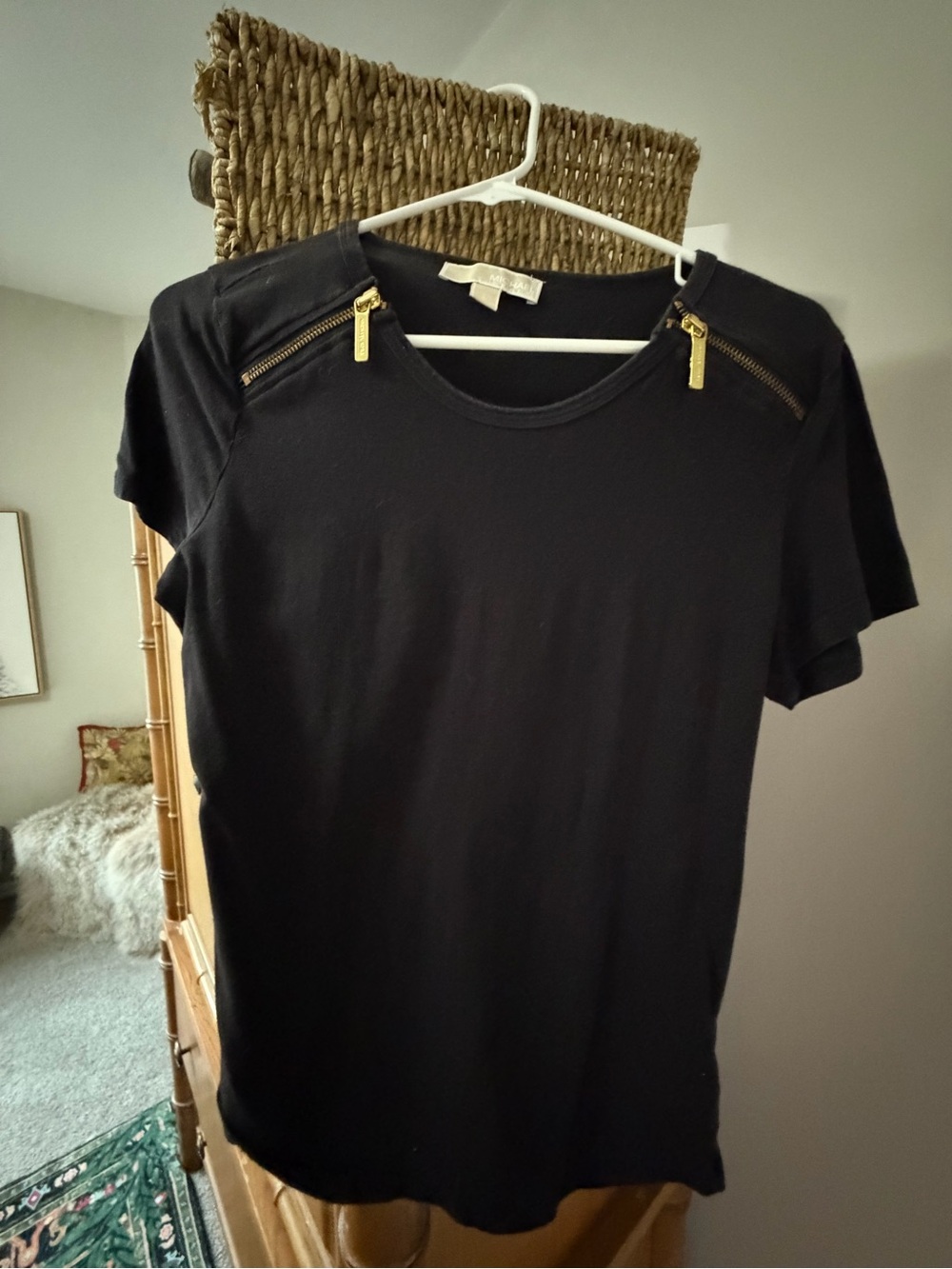 Michael Kors Black Short Sleeve Top with Gold Zipper Accents